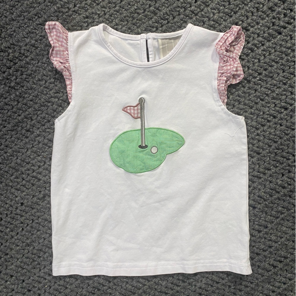 Lil’ Cactus Golf Appliqué Top with Dusty Pink Gingham Flutter Sleeves